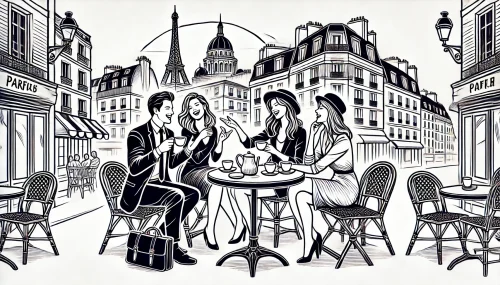 DALL·E 2025-01-08 13.29.12 - A black-and-white contour illustration of a Parisian cafe scene, featuring a group of four friends sitting at a small round table, engaged in lively c